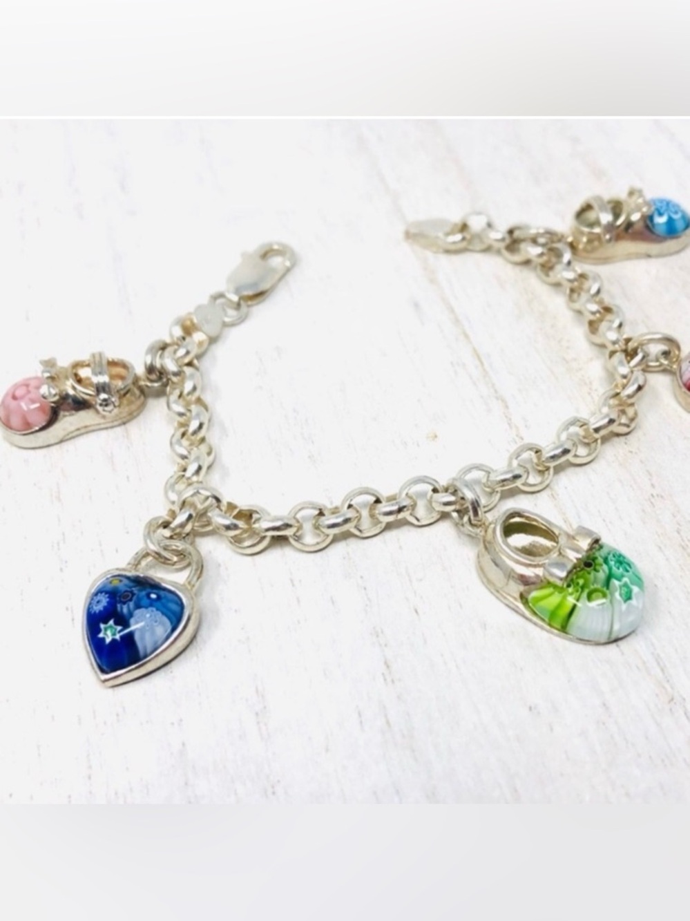 Alan K Millefiori Murano sterling silver charm bracelet, rare